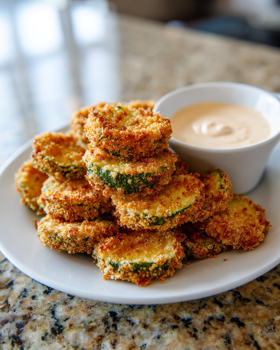 A pile of golden-brown fried pickles served with a creamy dipping sauce.