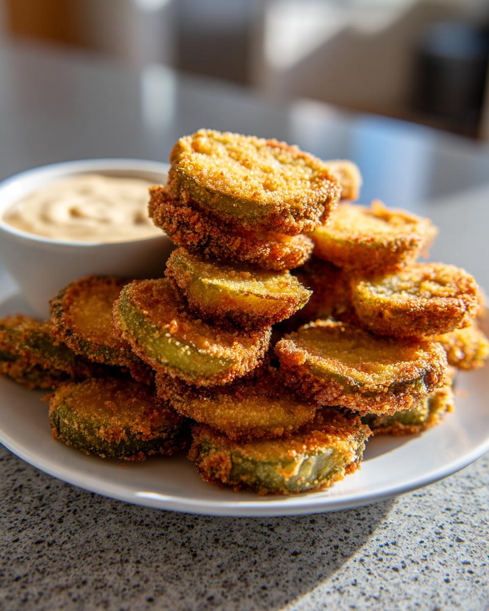 A pile of golden-brown fried pickles served with a creamy dipping sauce.