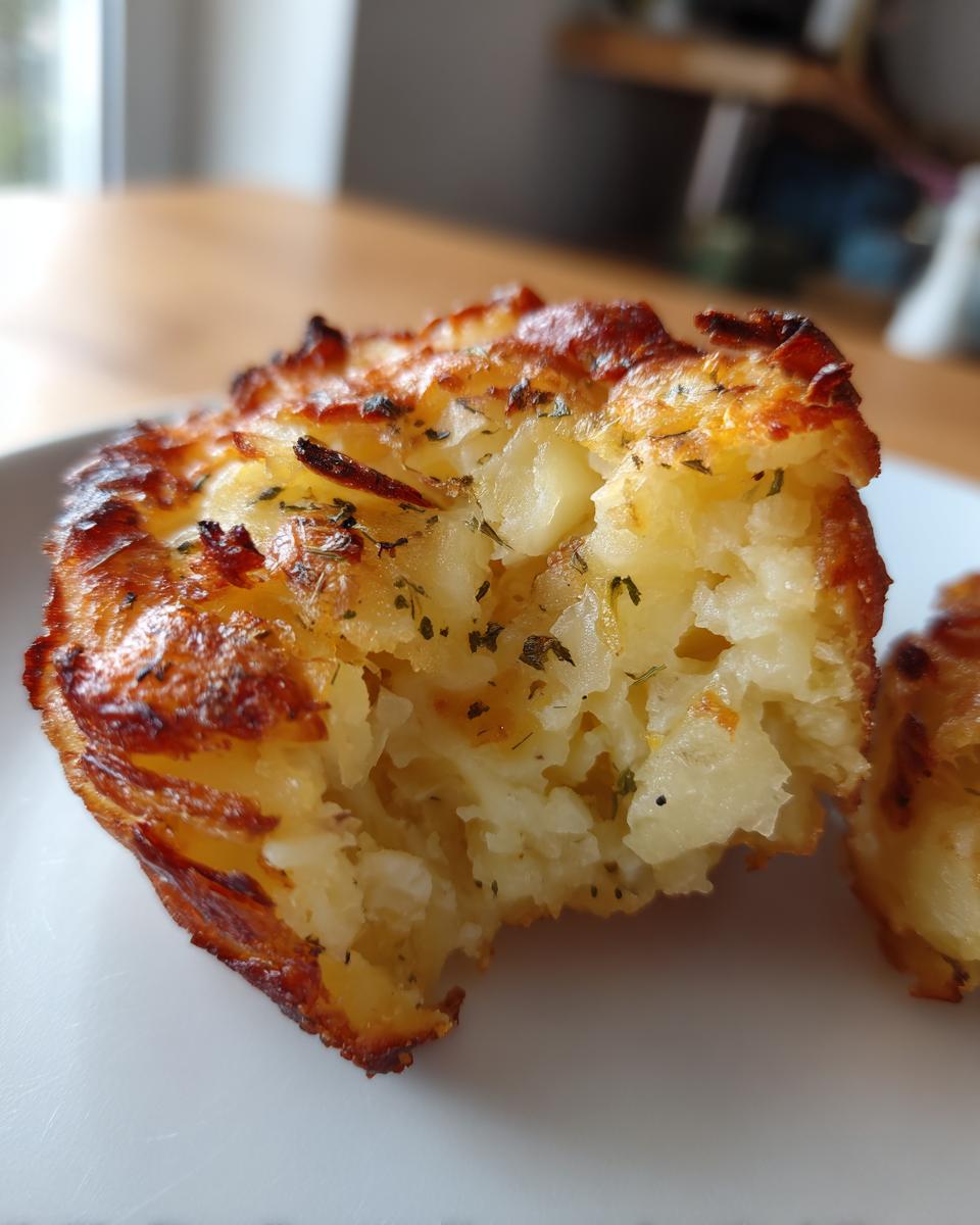 A close-up of a golden-brown, crispy smashed potato bite, revealing fluffy interior and herbs.
