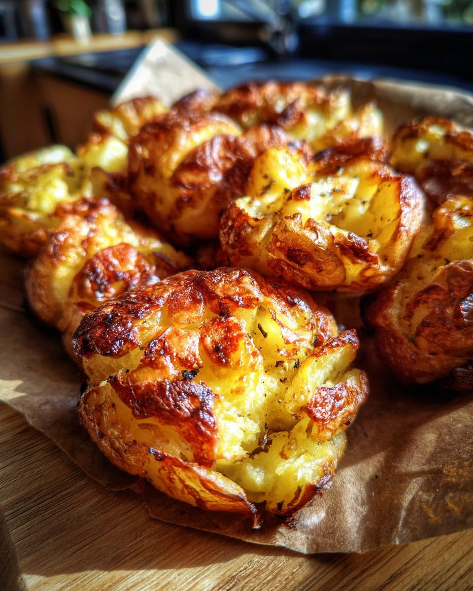 A close-up of golden-brown, crispy smashed potatoes seasoned with herbs, piled on parchment paper.