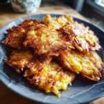 A close-up of golden-brown, crispy smashed potatoes piled on a dark plate.