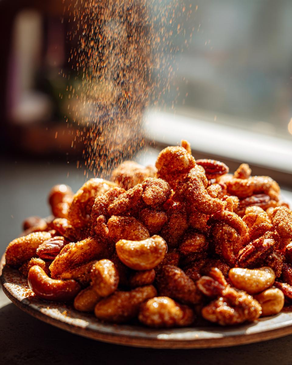 A close-up shot of a pile of delicious Crockpot Spiced Nuts being sprinkled with more seasoning.