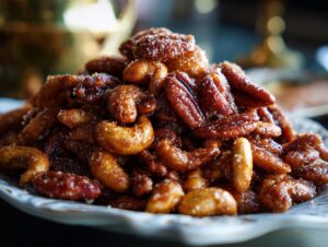 A close-up of a pile of delicious Crockpot Spiced Nuts, featuring pecans and cashews coated in a glistening sweet and savory glaze.