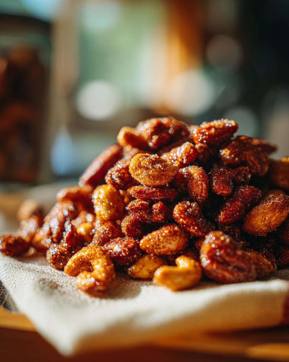 A close-up pile of glistening Crockpot Spiced Nuts, featuring almonds and cashews coated in a sweet and savory spice blend.