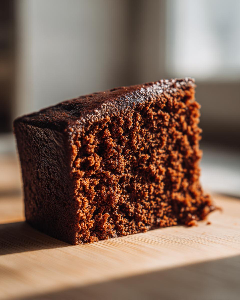 A close-up of a moist slice of decadent chocolate cake on a wooden board.