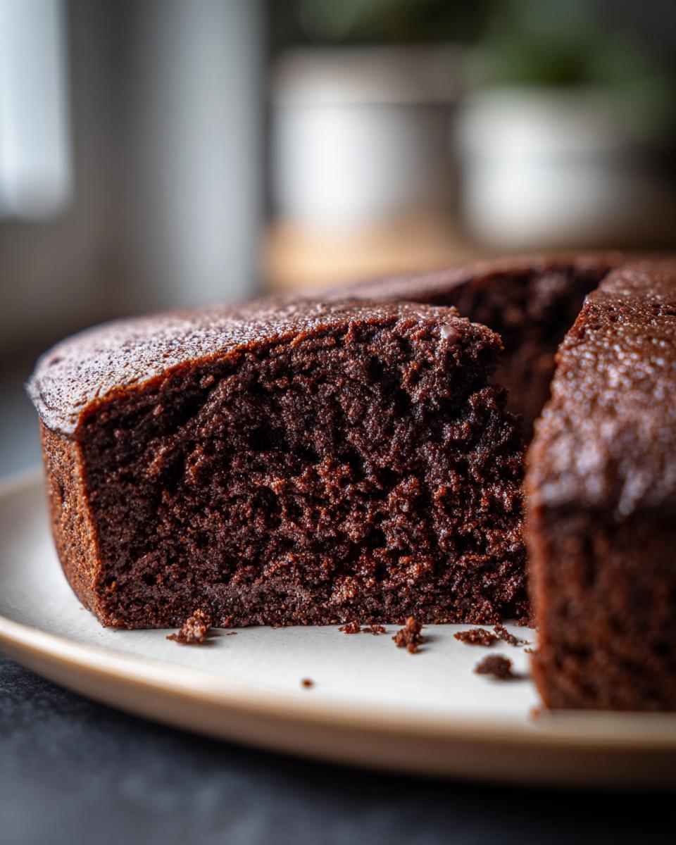 A close-up of a moist and rich slice of decadent chocolate cake on a plate.