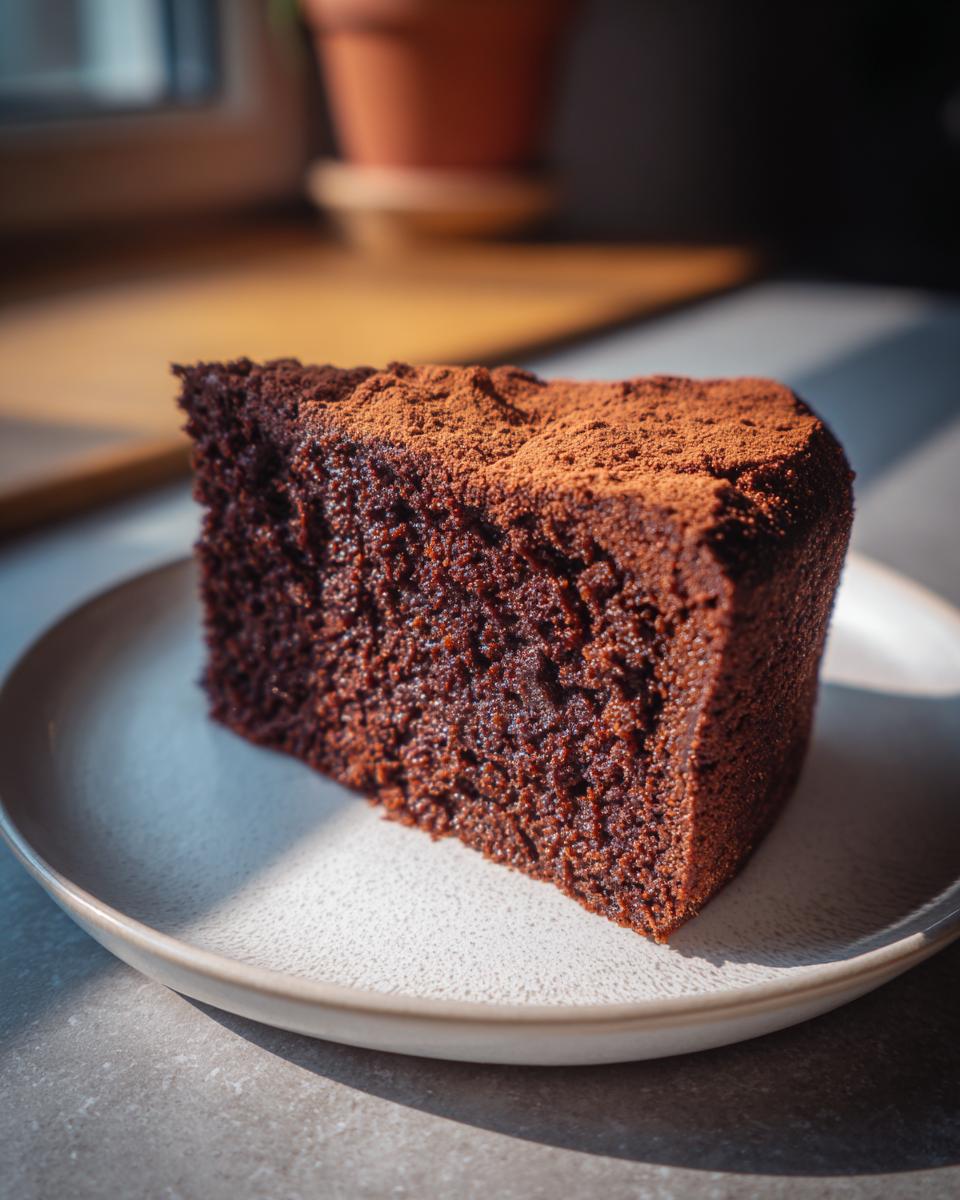 A moist slice of decadent chocolate cake dusted with cocoa powder, served on a plate.