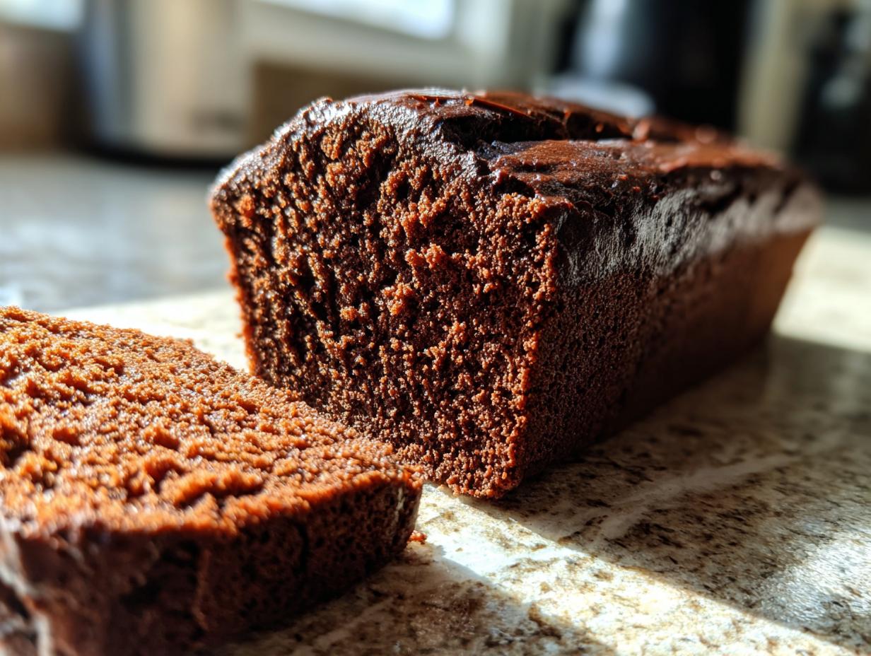 Close-up of a slice of moist, decadent chocolate cake with a rich crumb texture.