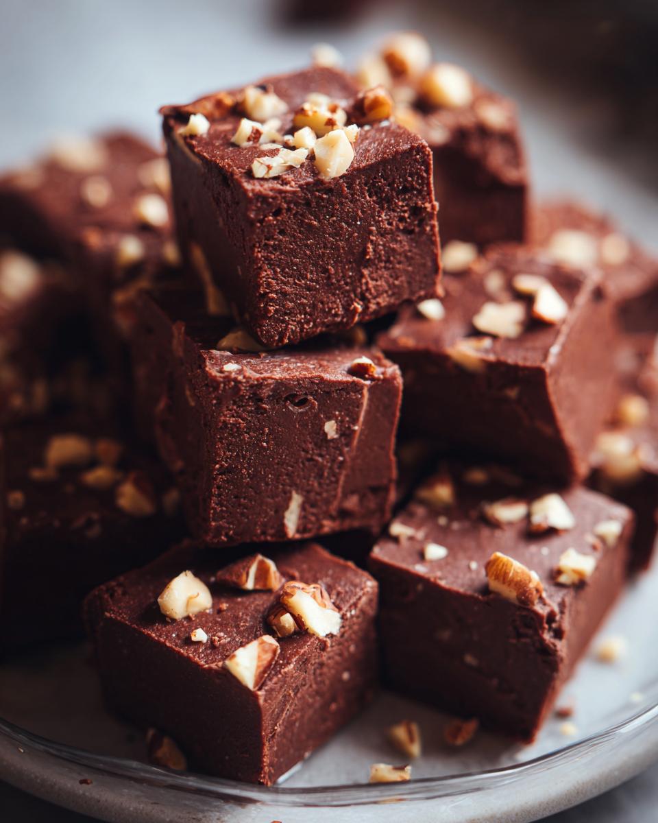 A close-up of rich chocolate fudge squares topped with chopped nuts, ready to be enjoyed.