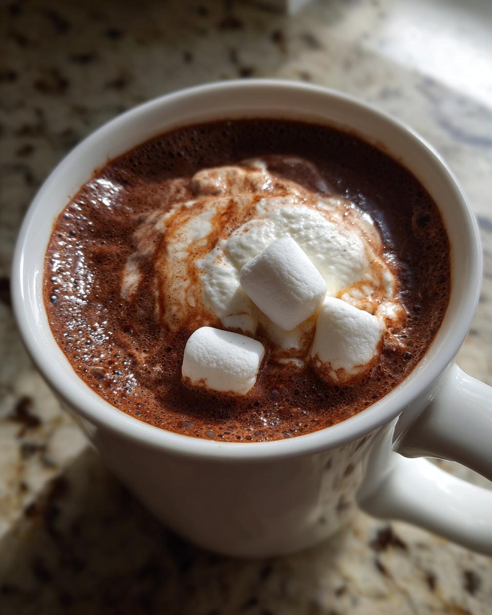 A close-up of a mug filled with decadent hot chocolate, topped with whipped cream and marshmallows.