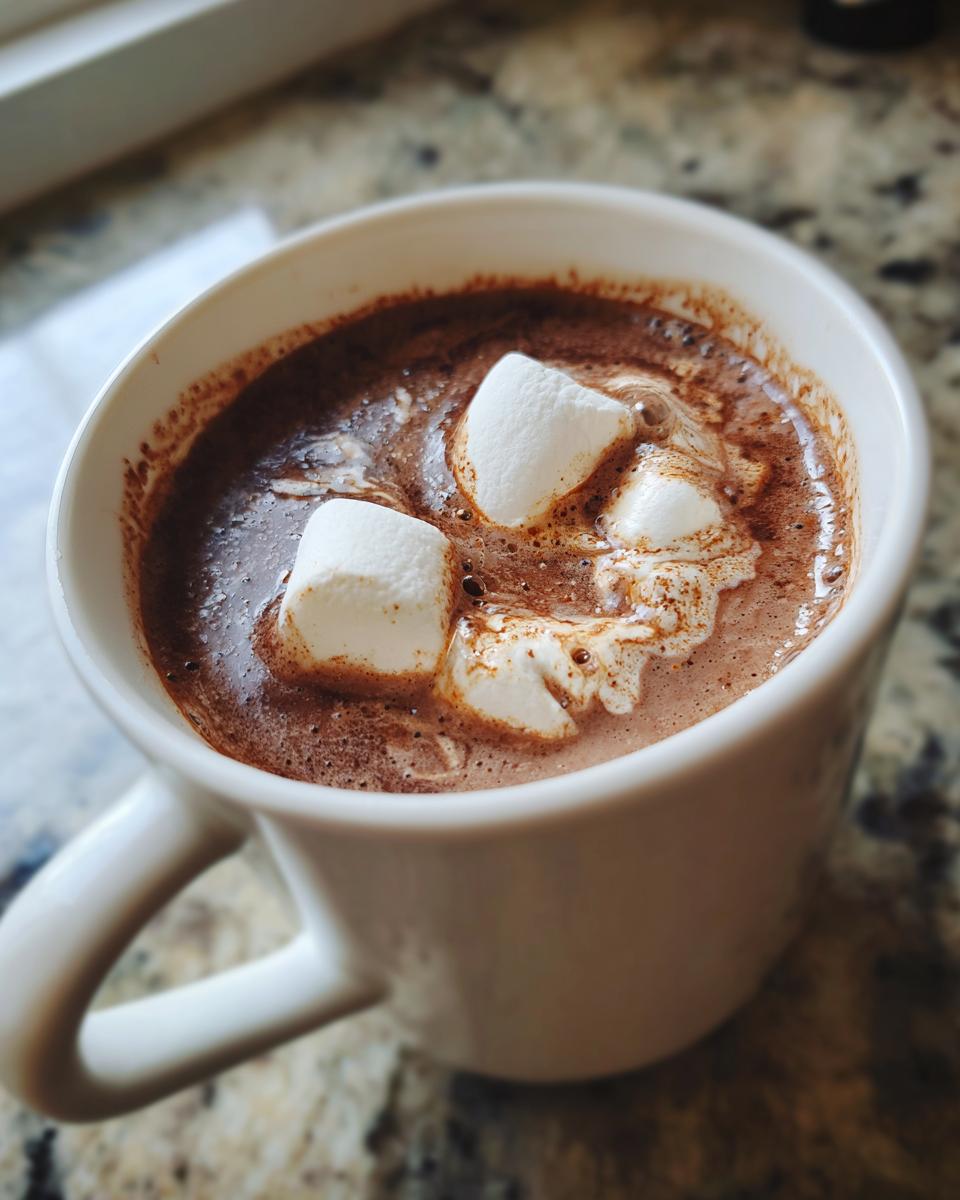 A close-up of a mug filled with rich, decadent hot chocolate topped with melting marshmallows.