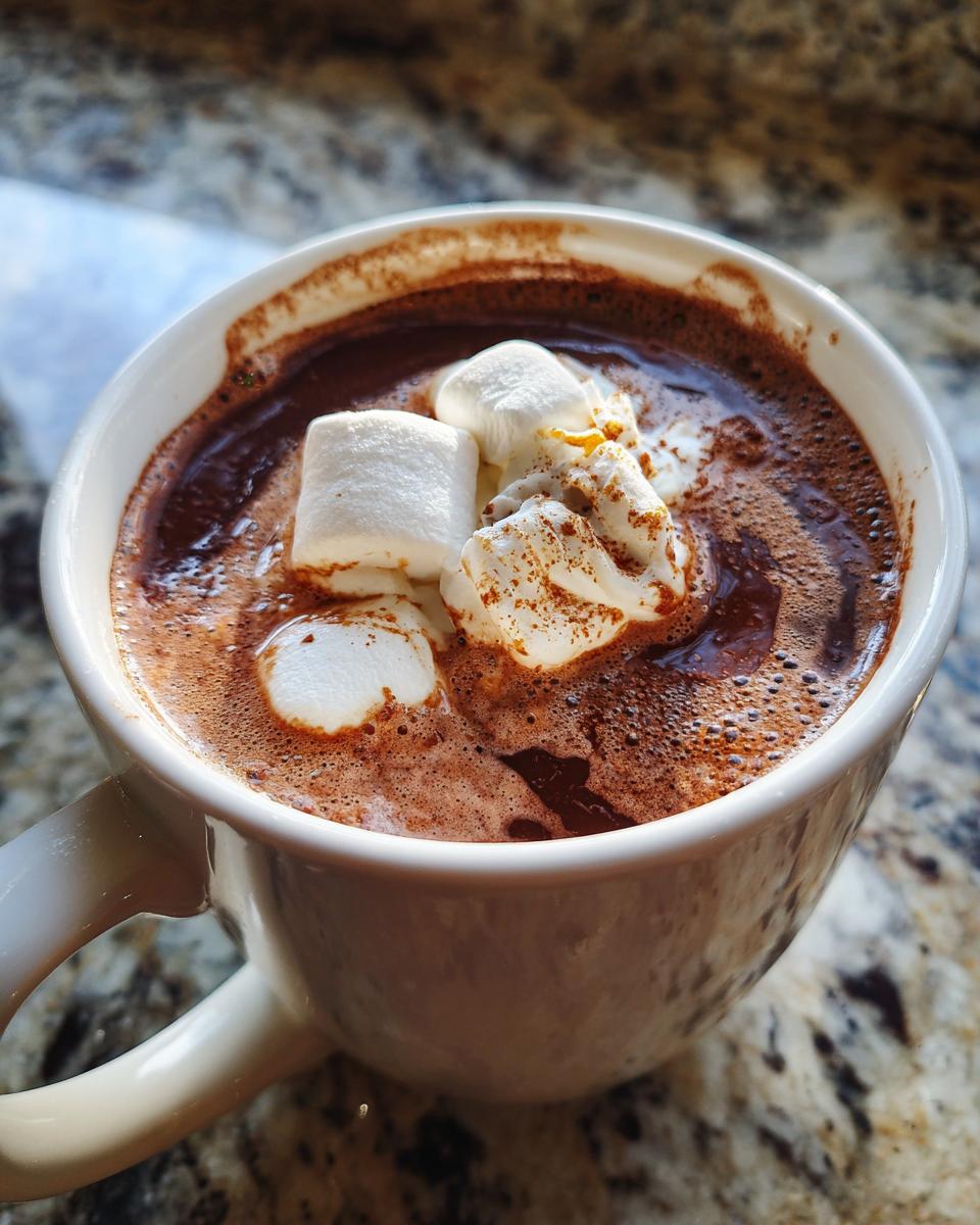 A close-up of a mug filled with rich, decadent hot chocolate topped with marshmallows and whipped cream.