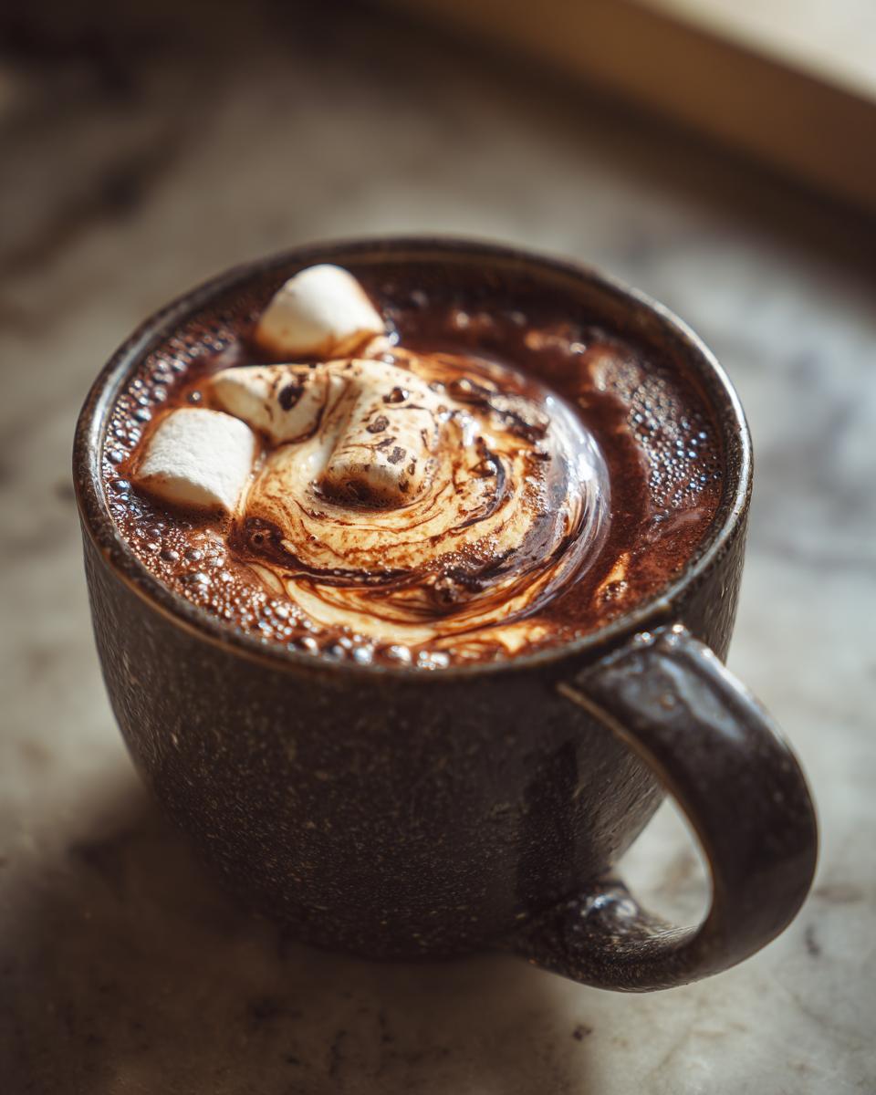 Close-up of a rich, decadent hot chocolate topped with marshmallows and chocolate swirls.