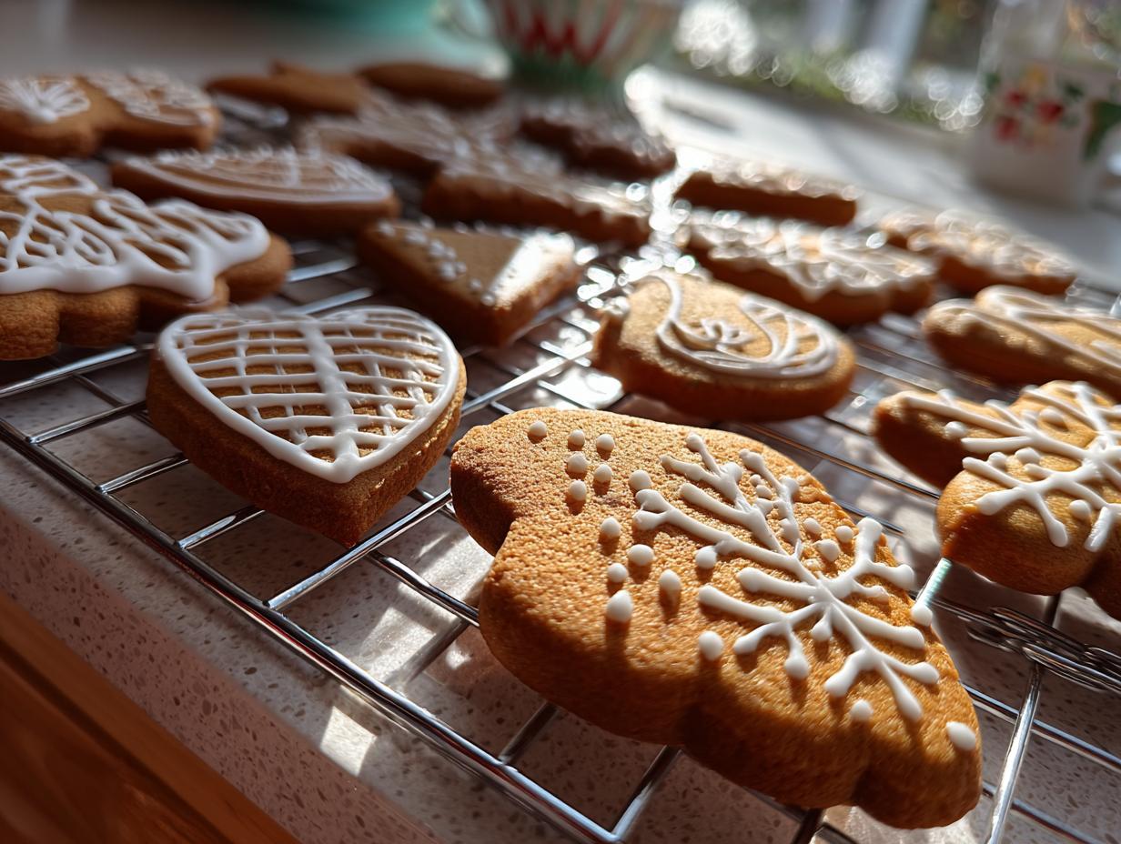 A variety of beautifully decorated gingerbread cookies with white icing on a cooling rack.