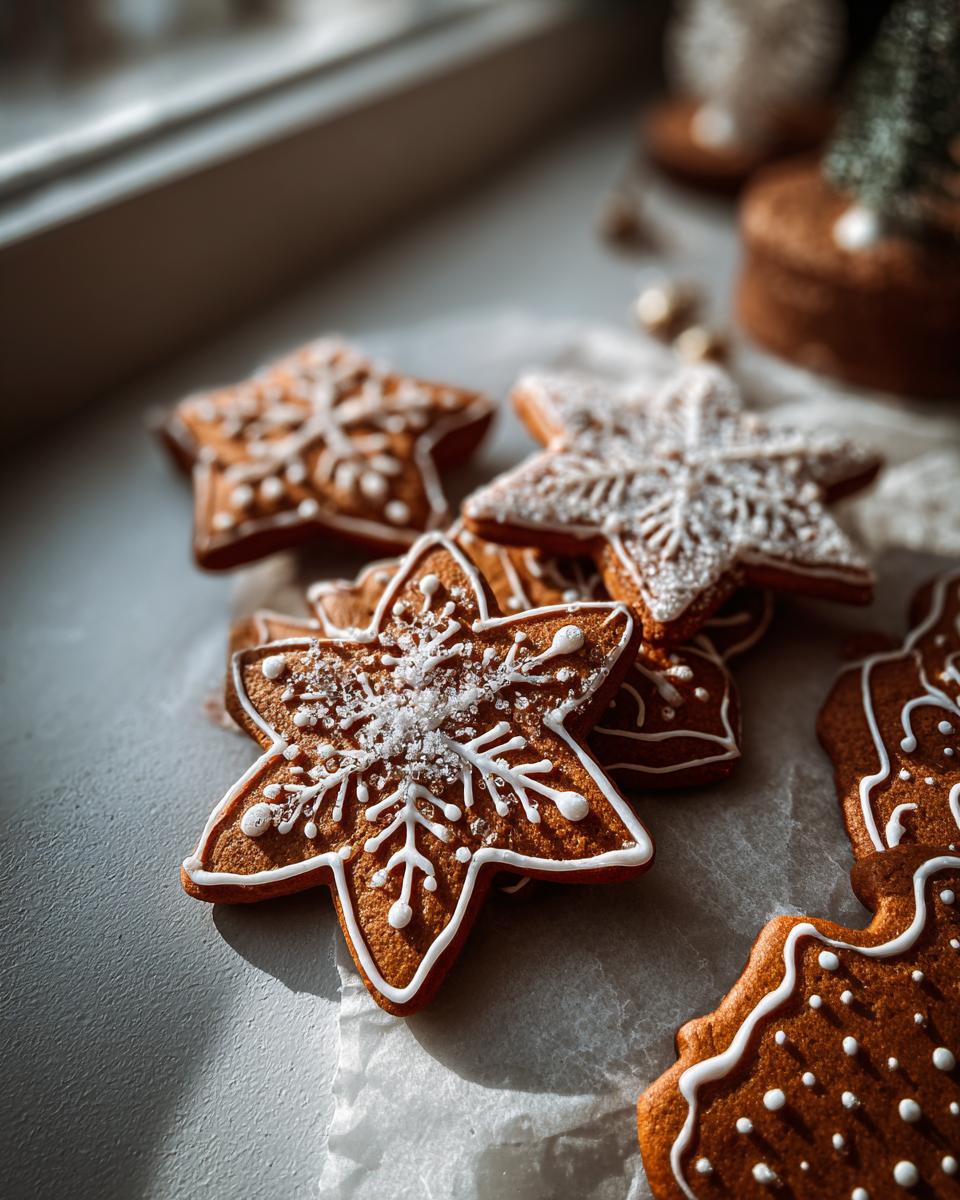 Close-up of star-shaped gingerbread cookies decorated with white icing and sugar, resembling snowflakes.