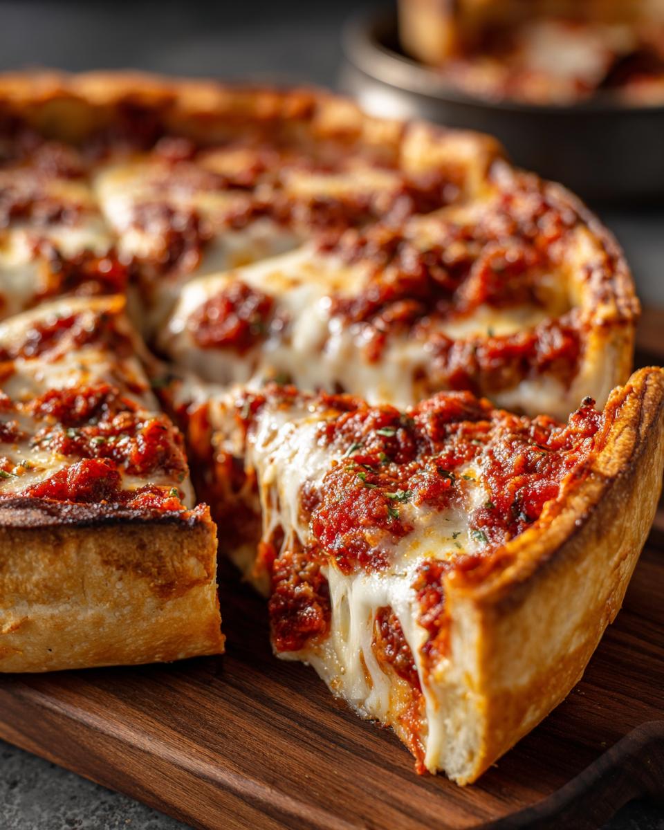 A mouthwatering slice of Deep Dish Pizza, showcasing gooey melted cheese and rich tomato sauce on a thick crust.
