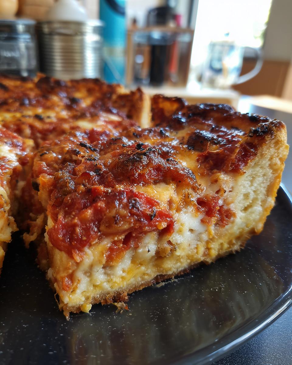 A thick slice of deep dish pizza with melted cheese and chunky tomato sauce on a dark plate.