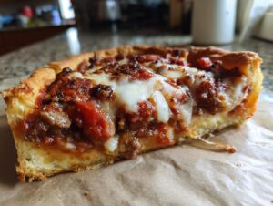 A close-up, mouth-watering slice of deep dish pizza with thick crust, rich tomato sauce, and melted cheese.
