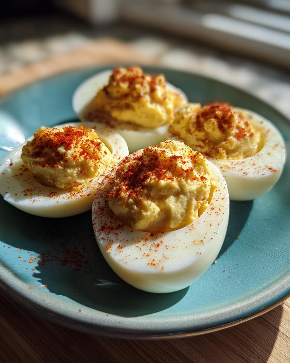 Four perfectly prepared deviled eggs, generously filled and sprinkled with paprika, arranged on a blue plate.