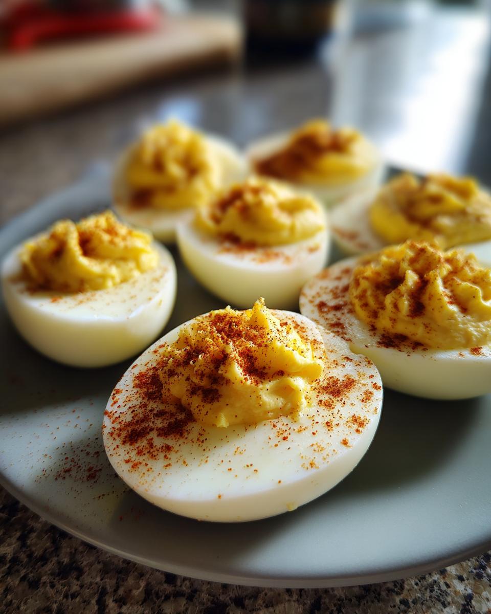 Close-up of a plate of perfect deviled eggs, generously filled and sprinkled with paprika.