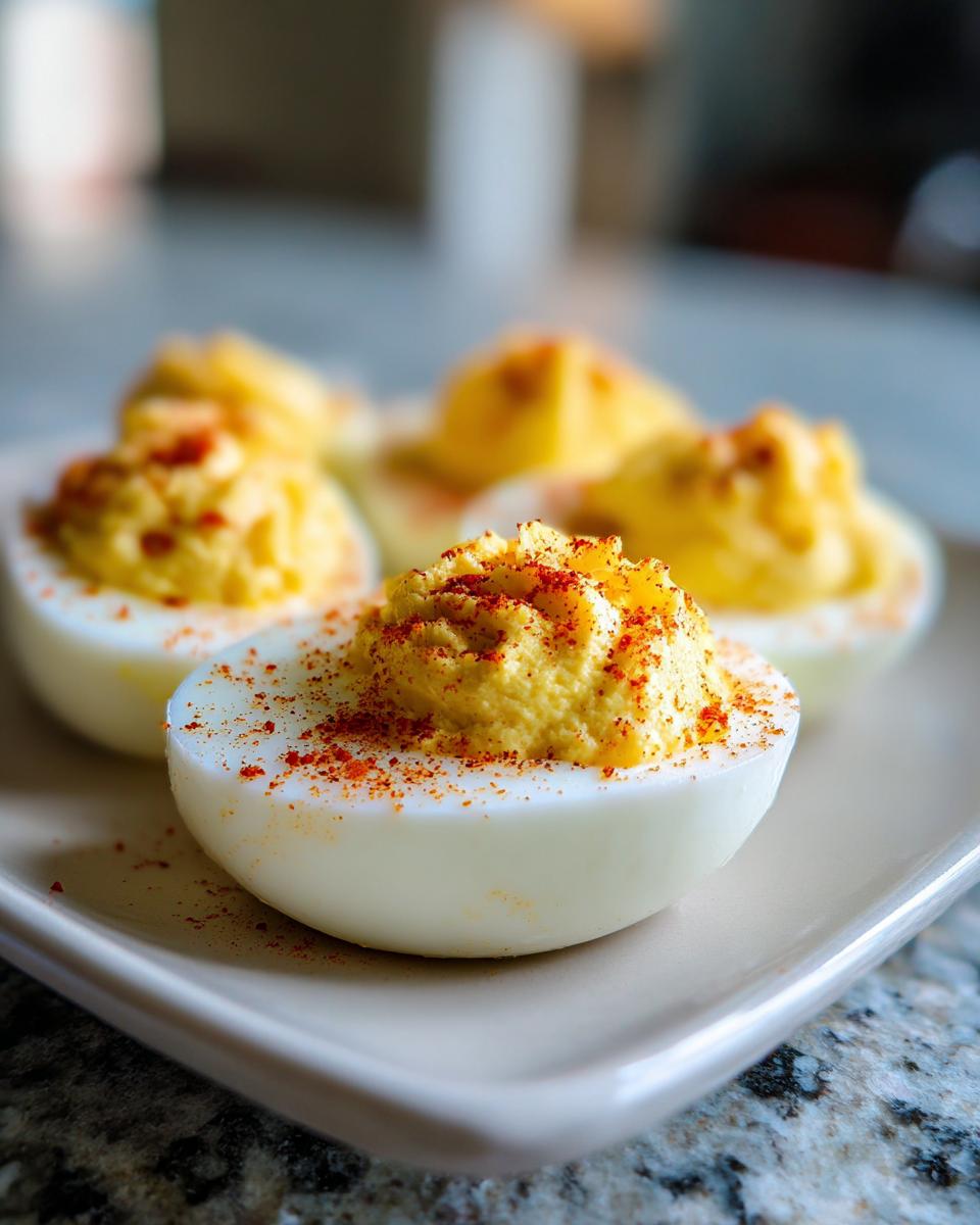 Close-up of creamy deviled eggs sprinkled with paprika on a light-colored plate.