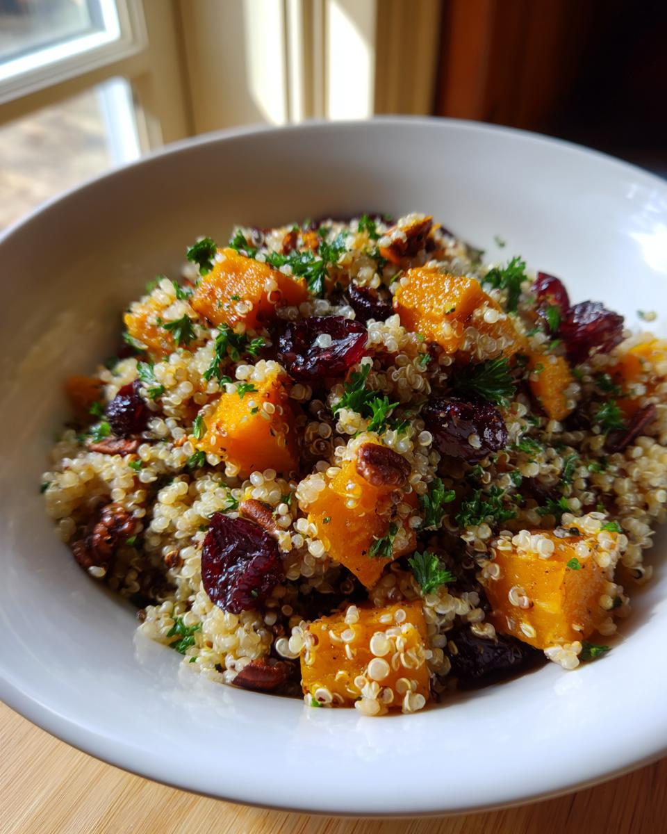 A close-up of a white bowl filled with Fall Harvest Quinoa Salad, featuring quinoa, roasted butternut squash, dried cranberries, and chopped pecans.