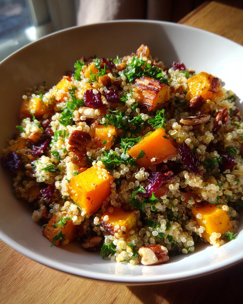 A close-up of a bowl filled with Fall Harvest Quinoa Salad, featuring quinoa, roasted butternut squash, cranberries, pecans, and parsley.