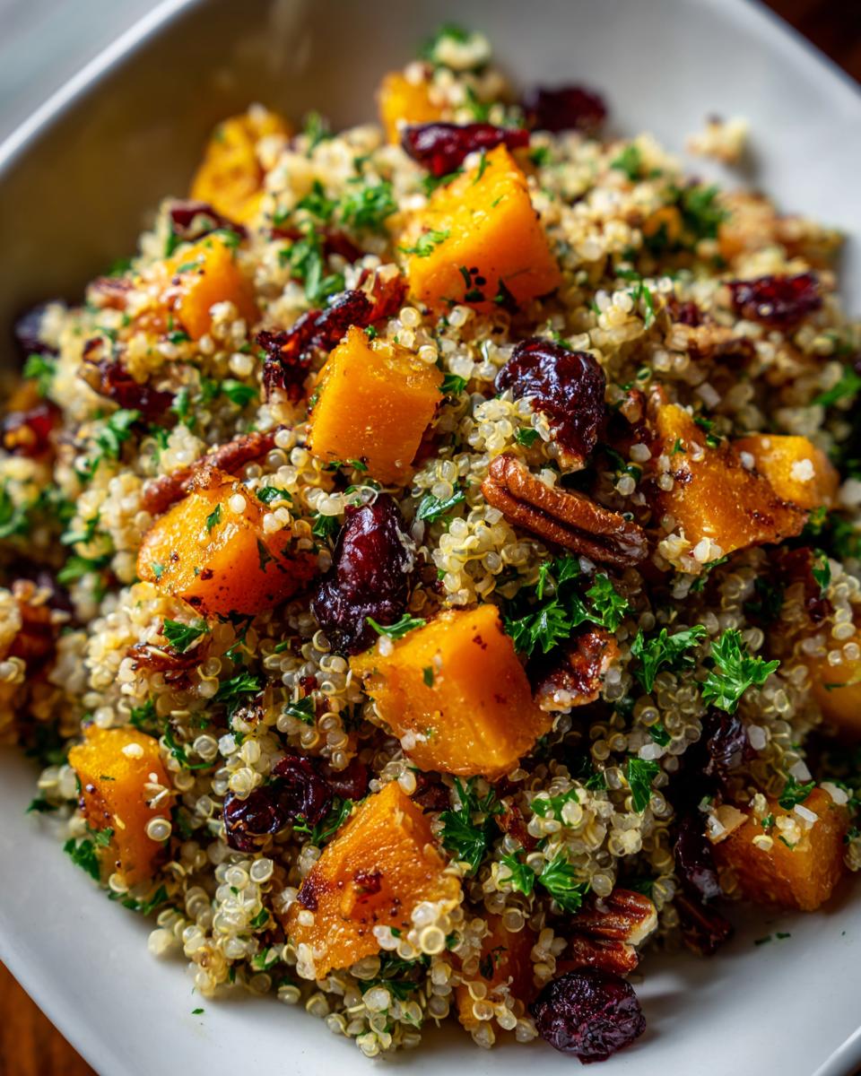 A vibrant bowl of Fall Harvest Quinoa Salad featuring roasted butternut squash, dried cranberries, pecans, and fresh parsley.
