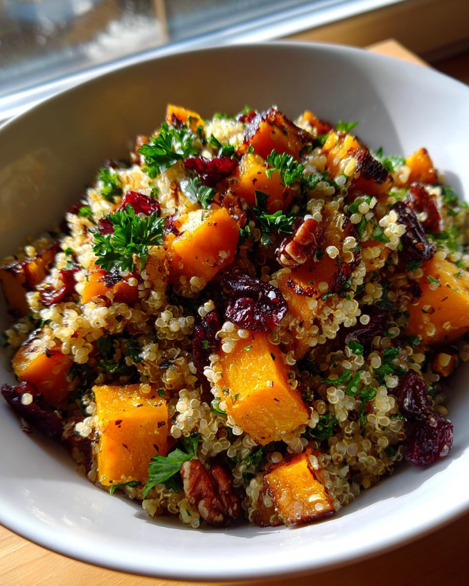 A close-up of a bowl of Fall Harvest Quinoa Salad, featuring roasted butternut squash, cranberries, pecans, and fresh parsley.