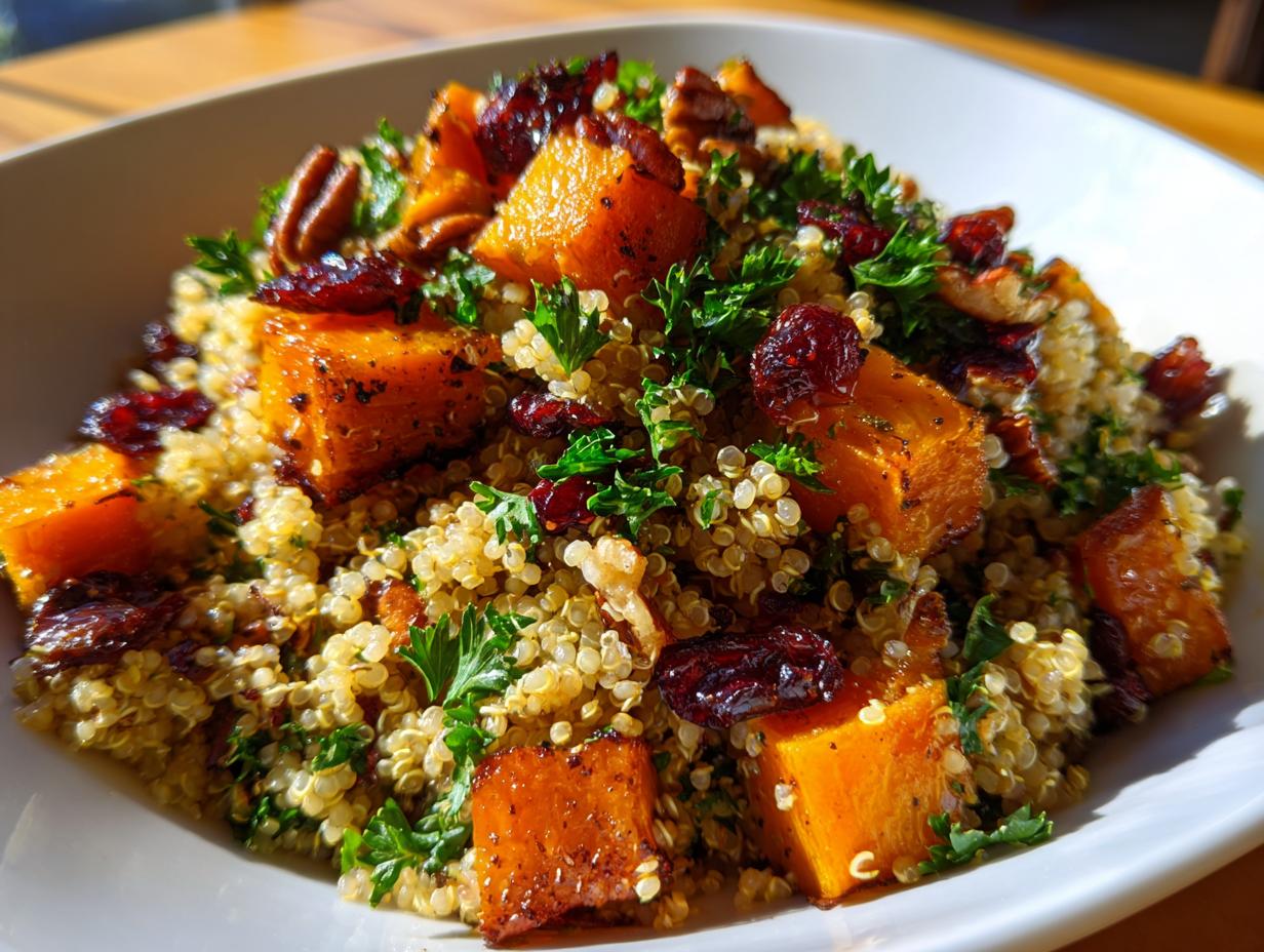 A close-up of a Fall Harvest Quinoa Salad featuring roasted butternut squash, dried cranberries, pecans, and fresh parsley.