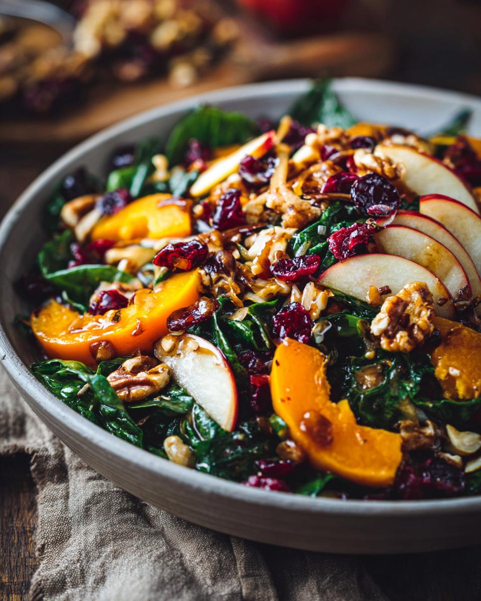 A close-up of a colorful Fall harvest salad featuring roasted butternut squash, apple slices, dried cranberries, and walnuts.