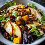 A close-up of a vibrant Fall harvest salad featuring crisp lettuce, sliced apples, roasted butternut squash, dried cranberries, and walnuts, drizzled with dressing.