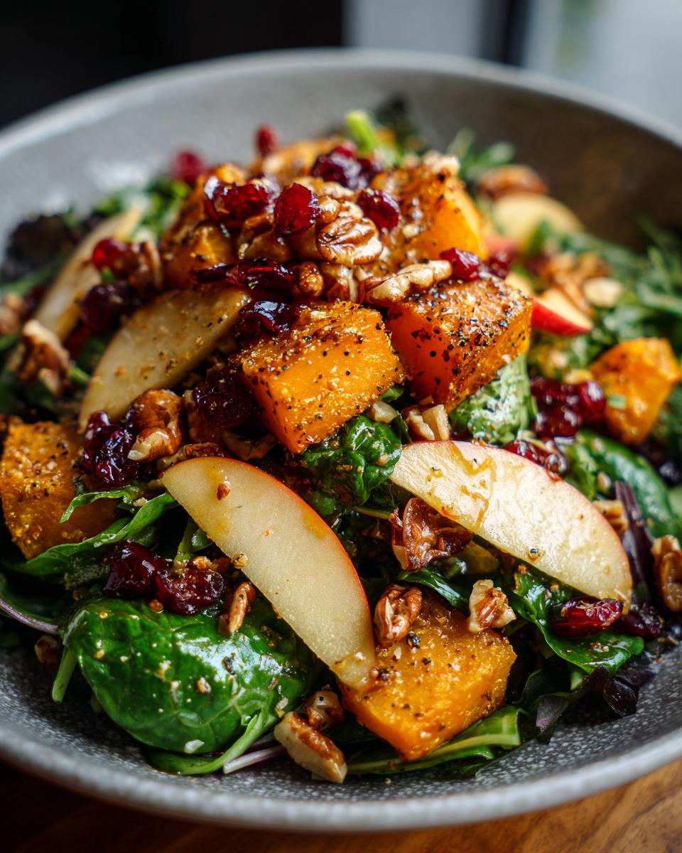 Close-up of a vibrant Fall Harvest Salad featuring roasted butternut squash, apple slices, dried cranberries, and walnuts.