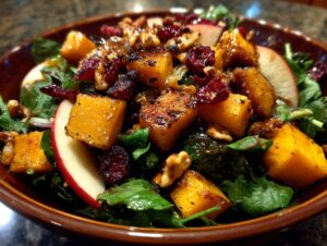 A close-up of a Fall Harvest Salad featuring roasted butternut squash, dried cranberries, walnuts, and apple slices.