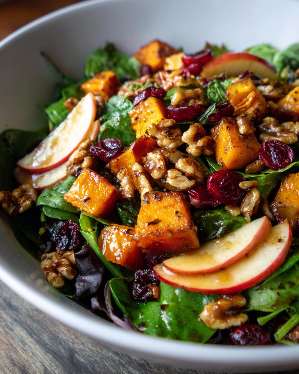A close-up of a vibrant Fall Harvest Salad featuring roasted butternut squash, dried cranberries, walnuts, and apple slices on a bed of mixed greens.