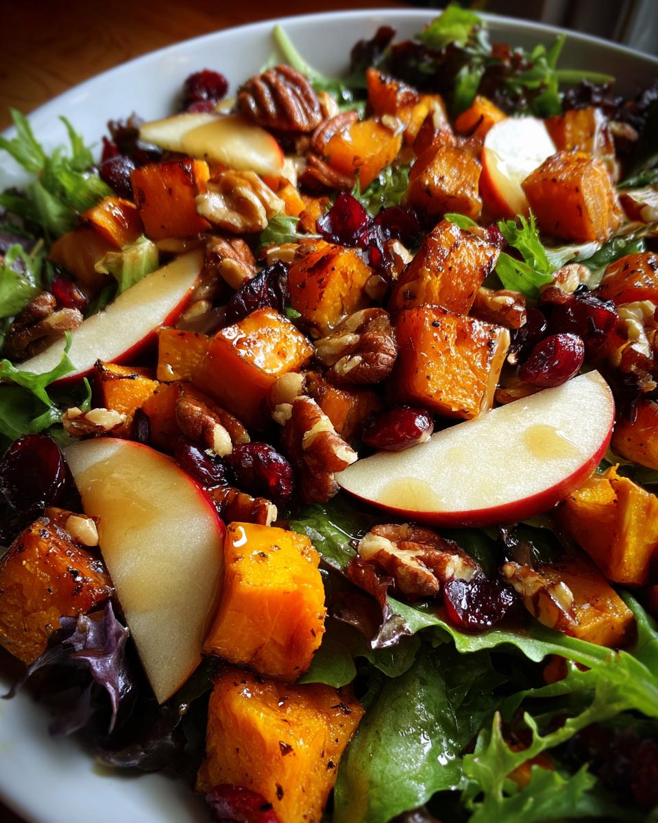 A vibrant Fall Harvest Salad featuring roasted butternut squash, crisp apple slices, crunchy pecans, and dried cranberries on a bed of mixed greens.