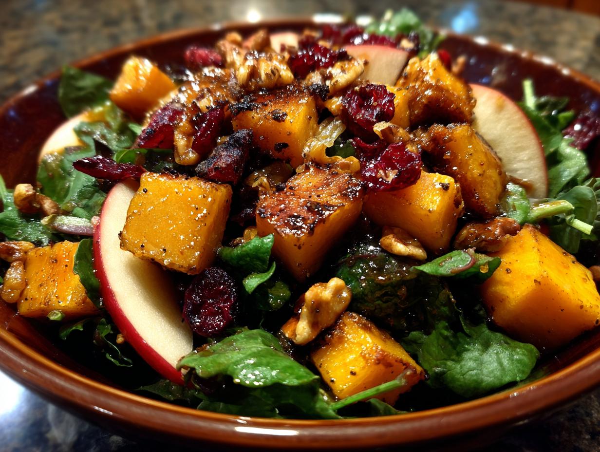 A close-up of a Fall Harvest Salad featuring roasted butternut squash, dried cranberries, walnuts, and apple slices.