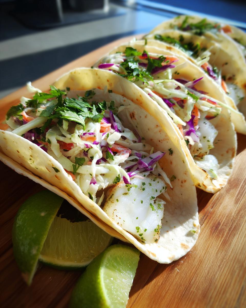 A close-up of several fresh fish tacos filled with flaky white fish, colorful slaw, and cilantro, served with lime wedges.