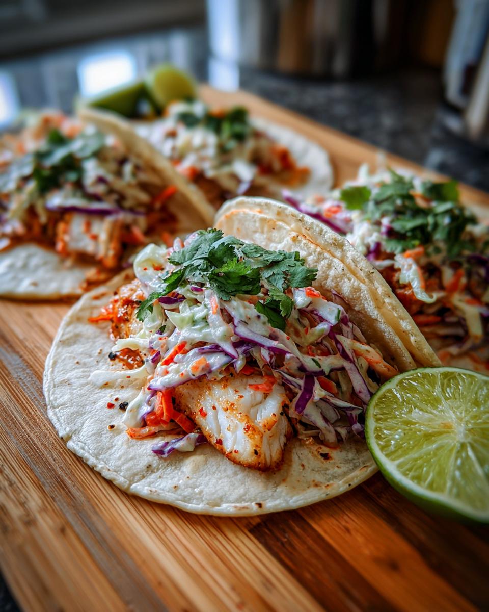 Close-up of flavorful fish tacos filled with flaky white fish, vibrant coleslaw, and fresh cilantro, served with lime wedges.