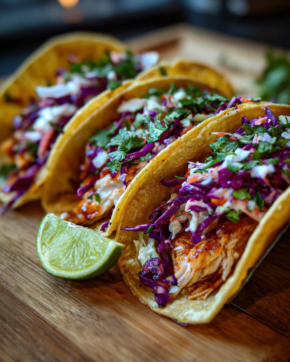 Close-up of three delicious fish tacos filled with flaky fish, red cabbage slaw, and cilantro, served with a lime wedge.