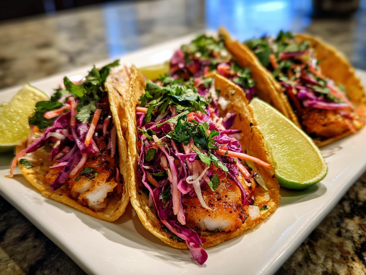 Close-up of three flavorful Fish Tacos filled with flaky white fish, vibrant red cabbage slaw, and fresh cilantro, served with lime wedges.