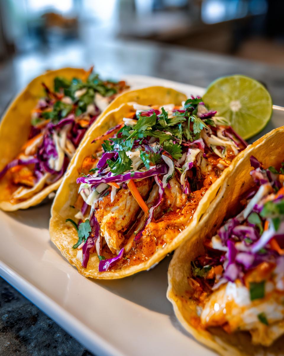 Close-up of three flavorful Fish Tacos on a white plate, topped with red cabbage slaw, cilantro, and a lime wedge.