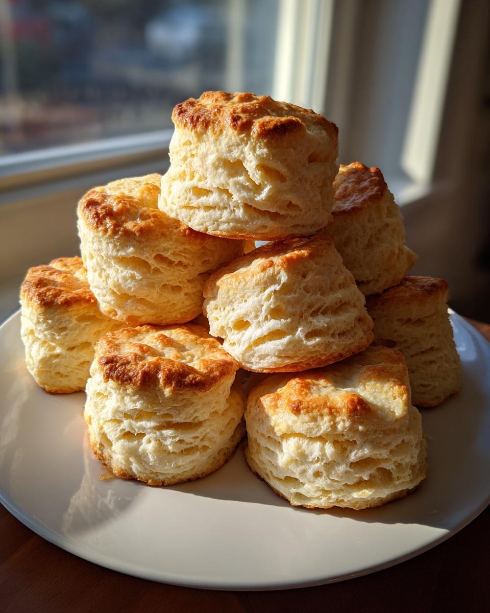 A stack of golden-brown, flaky buttermilk biscuits on a white plate, bathed in natural light.