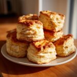 A close-up stack of golden-brown, flaky buttermilk biscuits on a white plate.