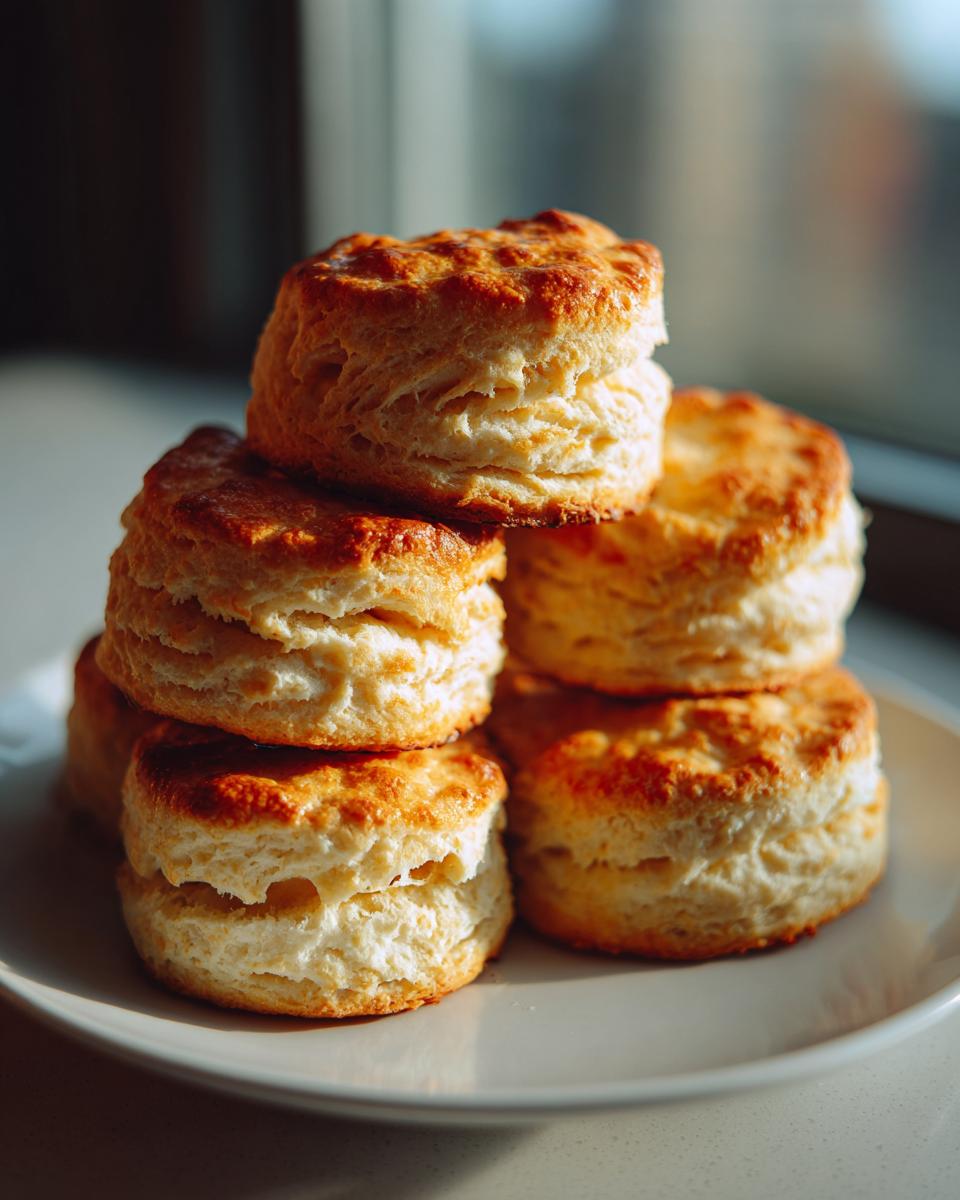 A stack of golden-brown, flaky buttermilk biscuits on a white plate, bathed in natural light.