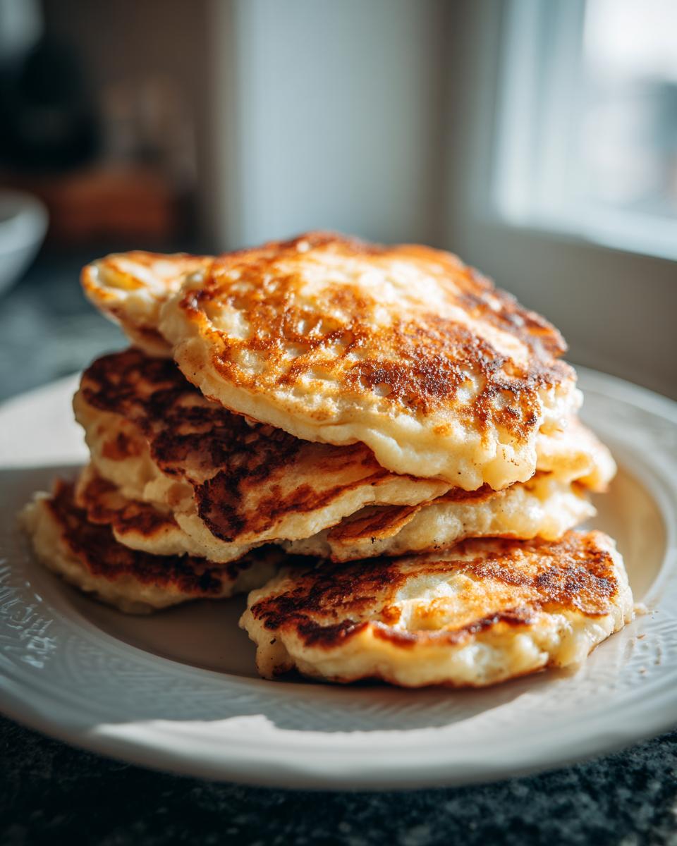 A close-up shot of a stack of fluffy Apple Pancakes on a white plate, golden brown and ready to be served.