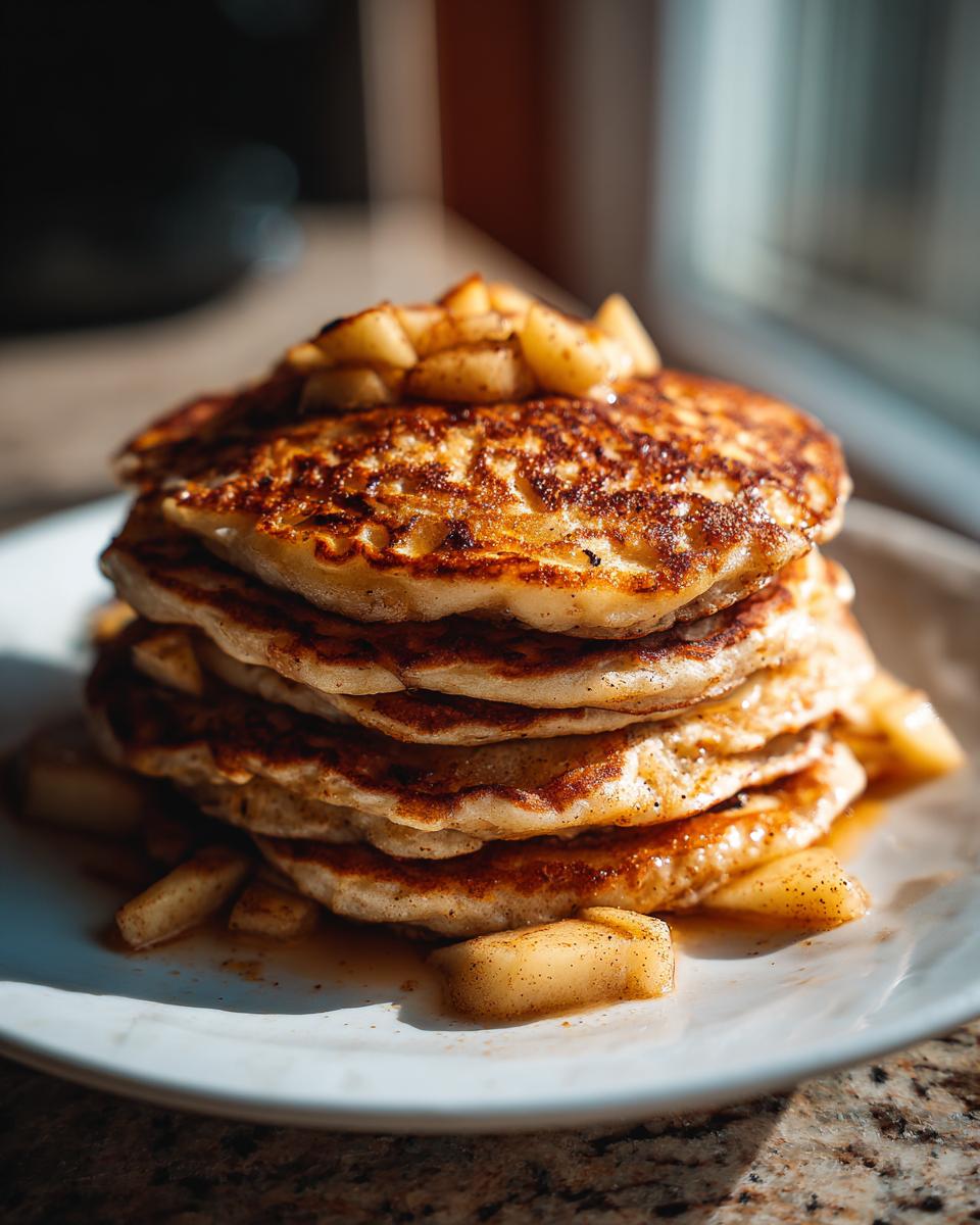 A tall stack of fluffy Apple Pancakes topped with cinnamon-spiced apple pieces and syrup.
