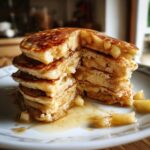 A close-up of a stack of fluffy Apple Pancakes, drizzled with syrup and filled with chunks of apple.