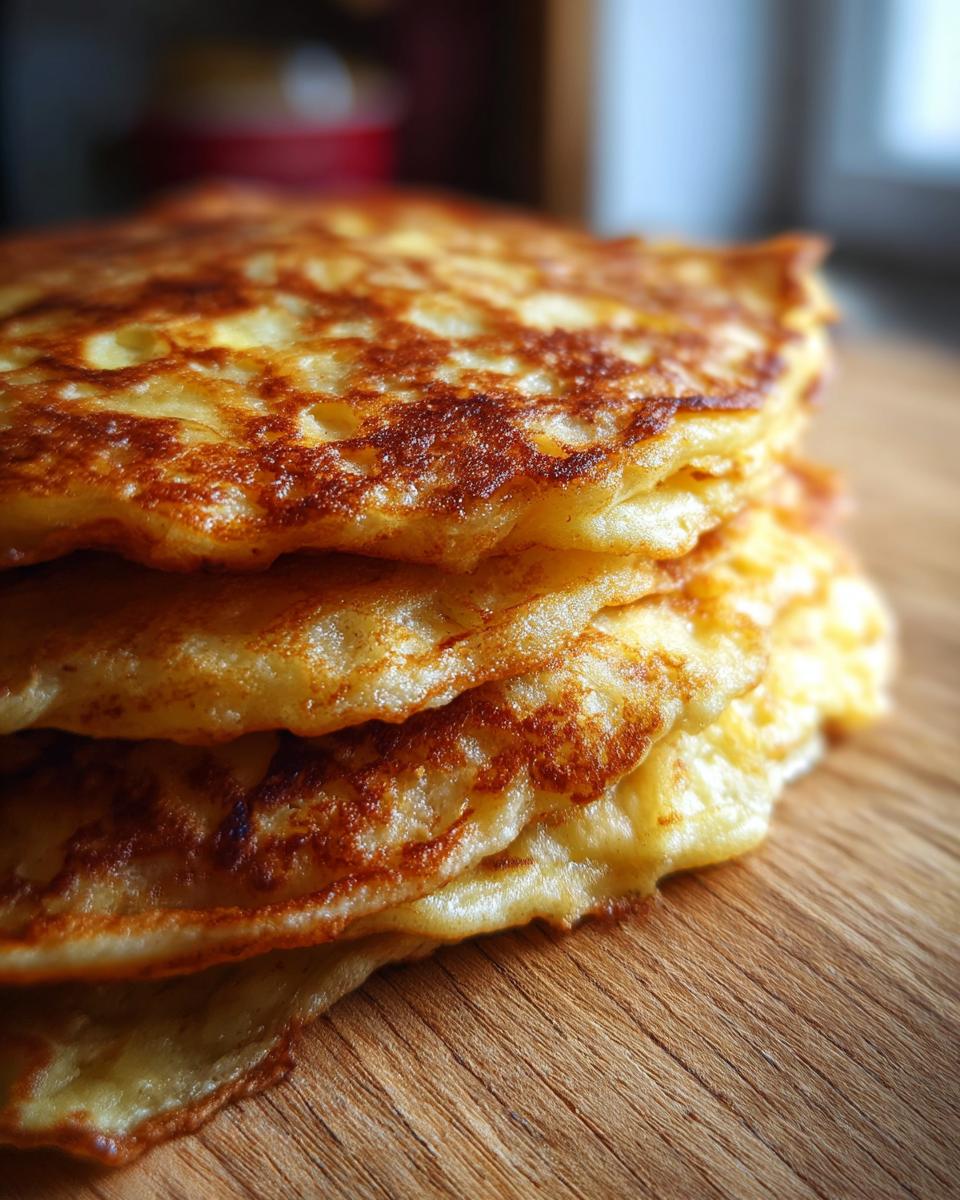 Close-up of a stack of golden-brown, fluffy apple pancakes on a wooden surface.