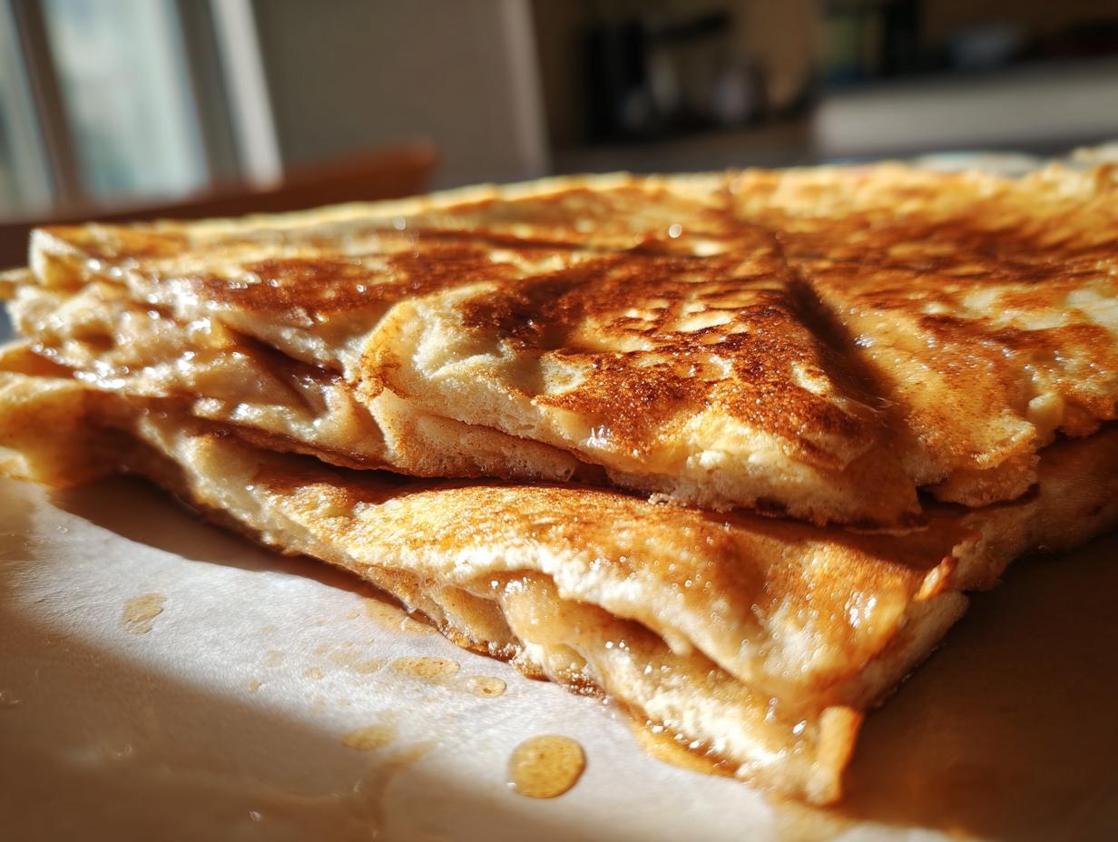 Close-up of a stack of fluffy Apple Pancakes drizzled with golden syrup, showcasing their golden-brown crust.